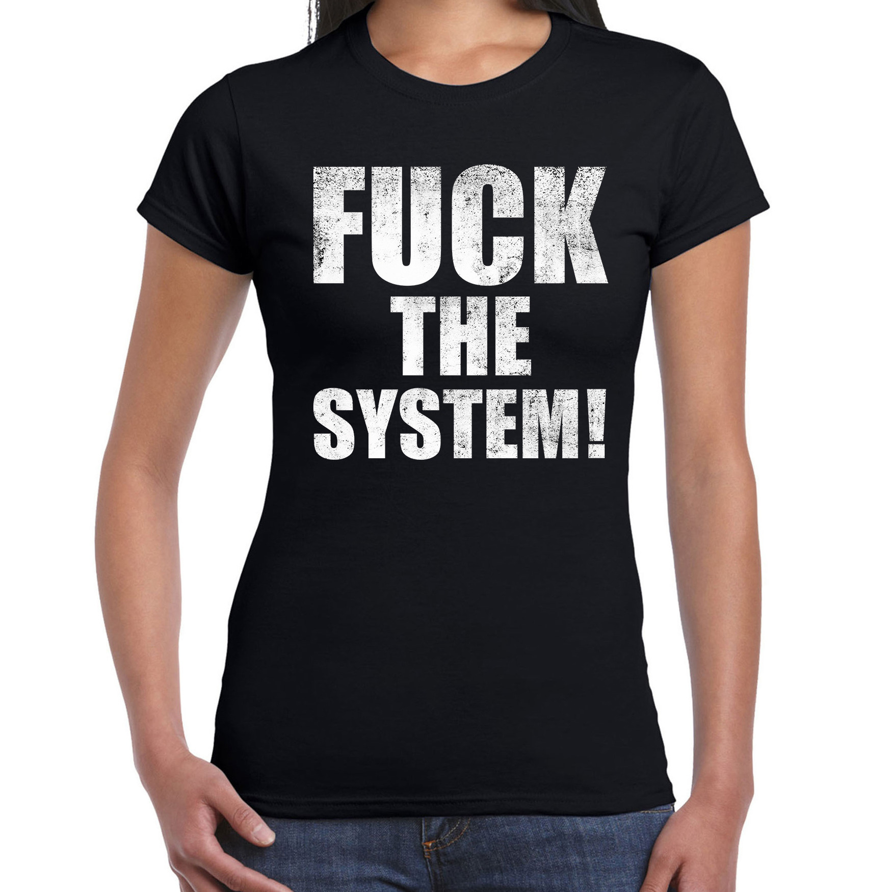 Fuck the system t-shirt zwart voor dames om te staken / protesteren Top Merken Winkel